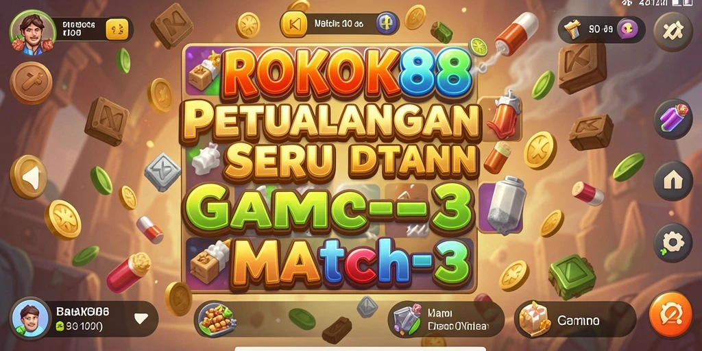 Tampilan gameplay ROKOK88 dengan elemen match-3 yang cerah dan menarik.